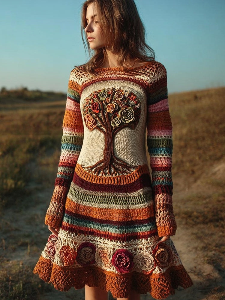 Retro Flower Tree Of Life Crochet Art Midi Sweater Dress artswardrobe