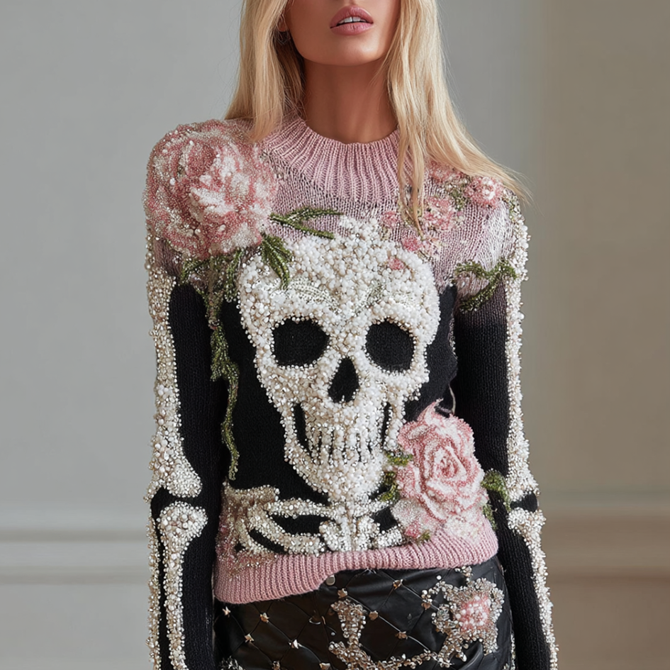 Halloween Skeleton And Plant Flower Pattern Combined Design Women's Knitted Sweater artswardrobe