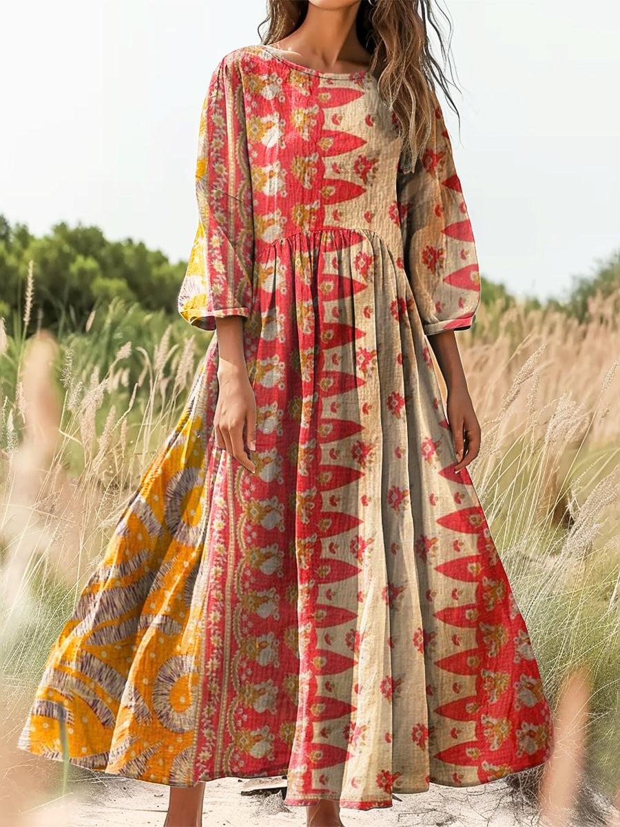 Women's Bohemian Floral Print Flowy Cotton Crew Neck Dress