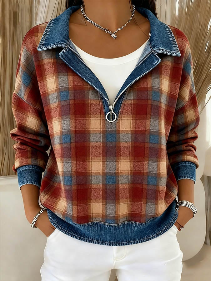 Women'S Casual Lapel Denim Patchwork Plaid Print Pullover Sweatshirt