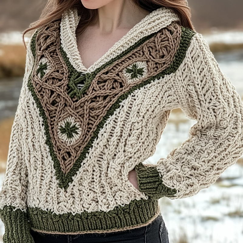 Women's Irish Celtic Knotted Jacquard Pocket Ireland's Hooded Sweater artswardrobe