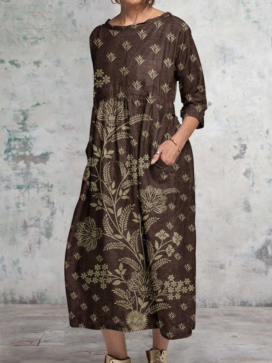 Women's Vintage Floral Art Pattern Round Neck Cotton and Linen Dress with Pockets