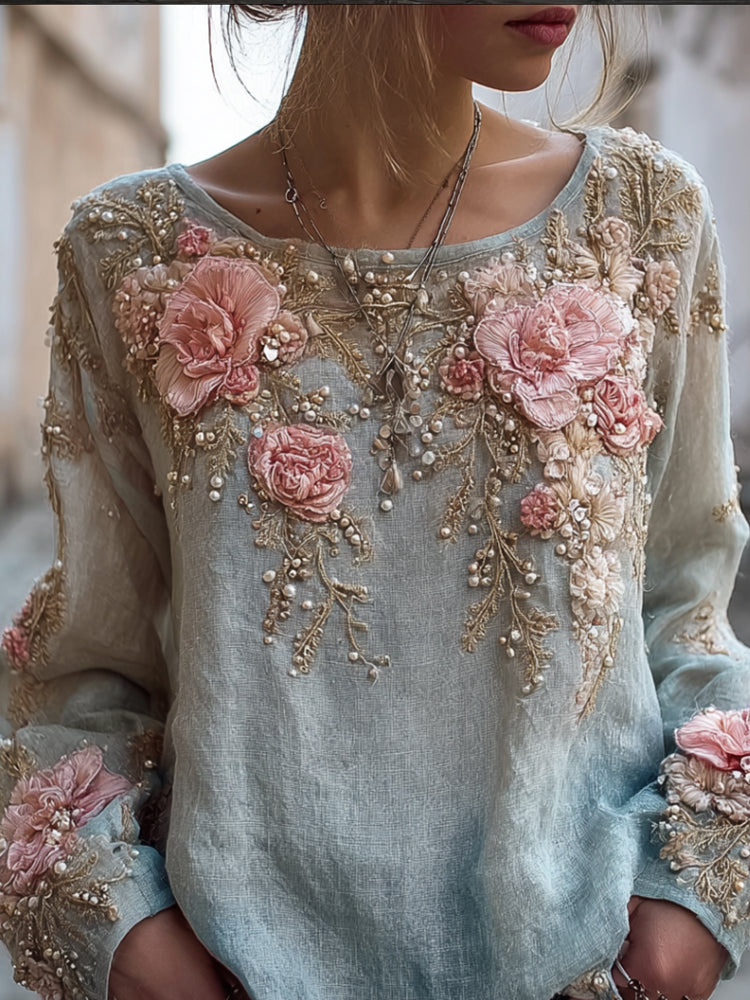 Comstylish Women's Vintage Long-sleeved Round-neck Top With Three-dimensional Embroidery