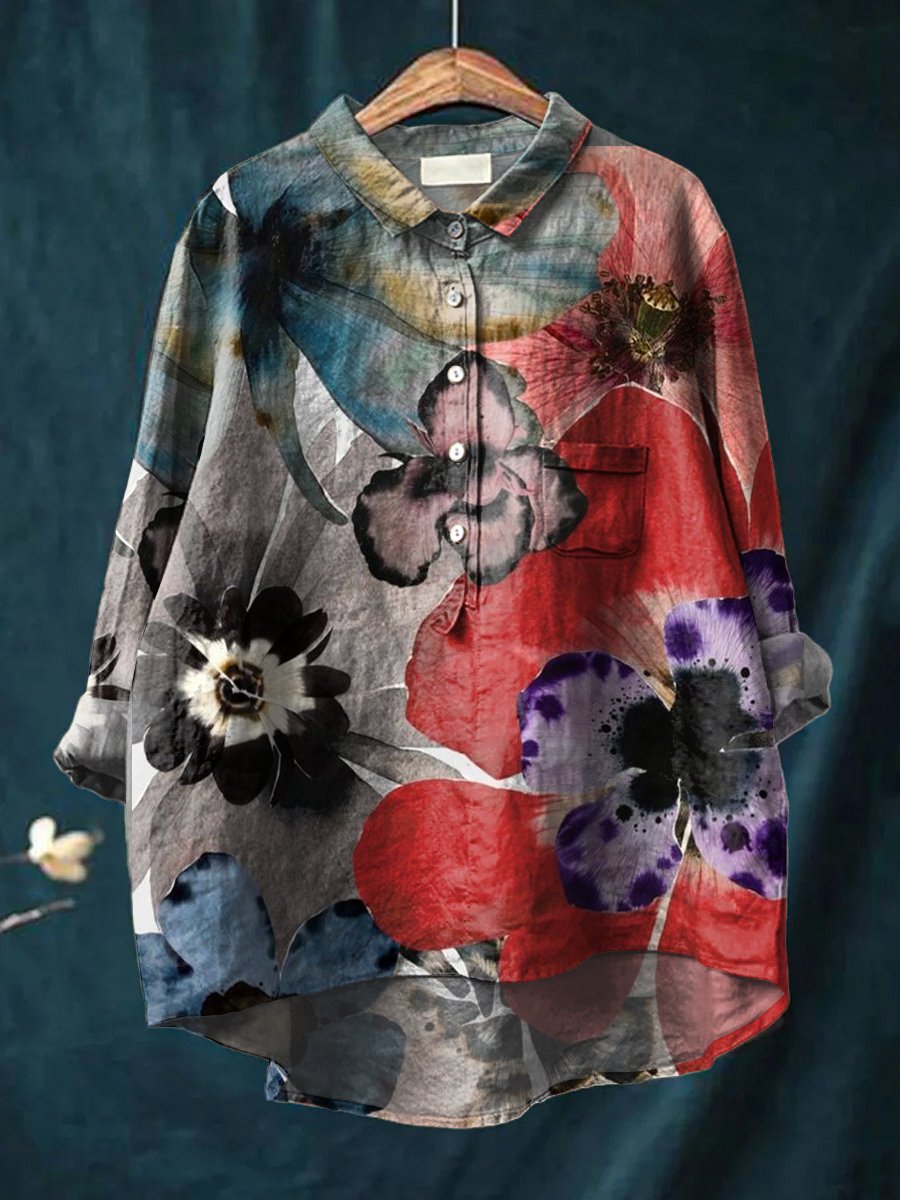 Women's Ink Flowers Print Casual Cotton And Linen Shirt
