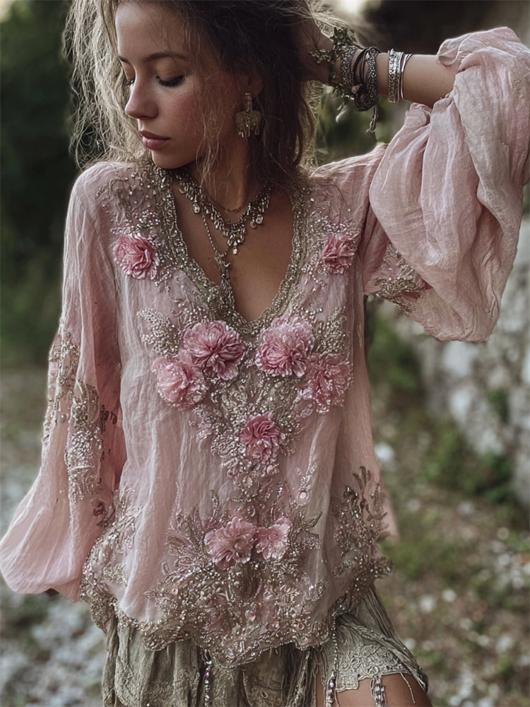 Boho Pink Flowers Glitter Lace Hem Flowy Linen Tunic elevenforest