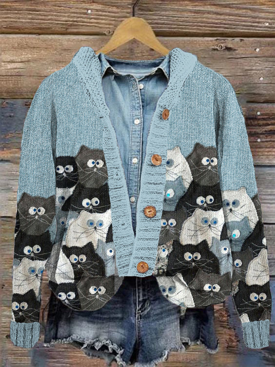 Denim Patchwork Cats Pattern Knit Cardigan elevenforest