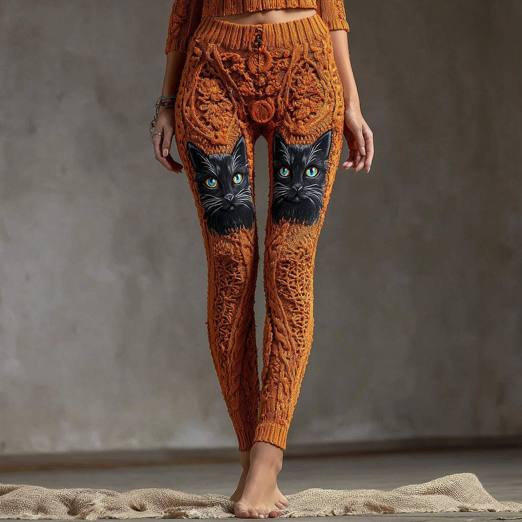 Cute Black Cat Face Embroidered Comfortable Knitted Women's Leggings