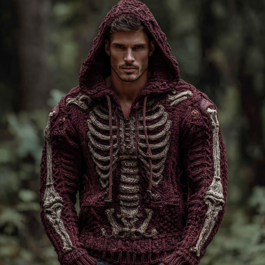 Men's Halloween Skeleton Art Knit Hooded Sweater artswardrobe