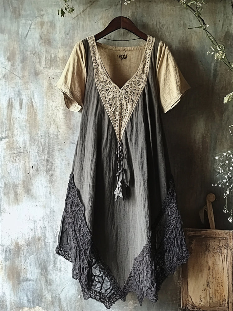 Vintage Lace Patchwork Contrast Linen Dress artswardrobe
