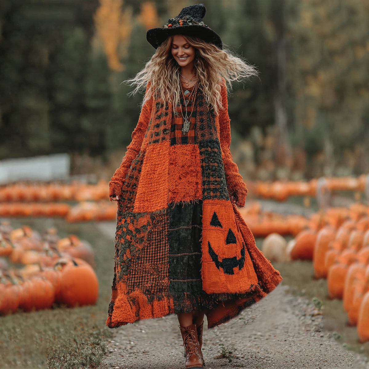 Vintage Halloween Pumpkin Face Patchwork Art Cozy Knit Maxi Dress artswardrobe
