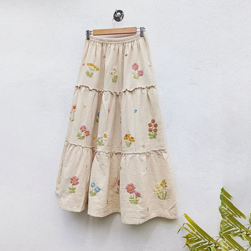 Women's Casual Floral Embroidered Linen Skirt artswardrobe