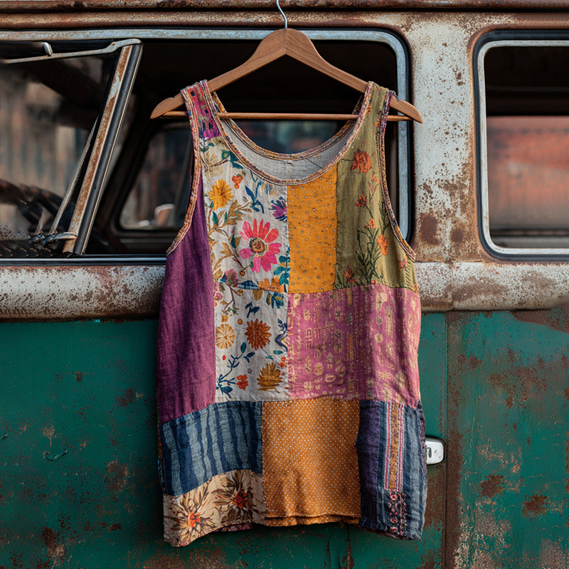 Countryside Style Collection Classy Patchwork Floral Pattern Art Linen Tank Top artswardrobe