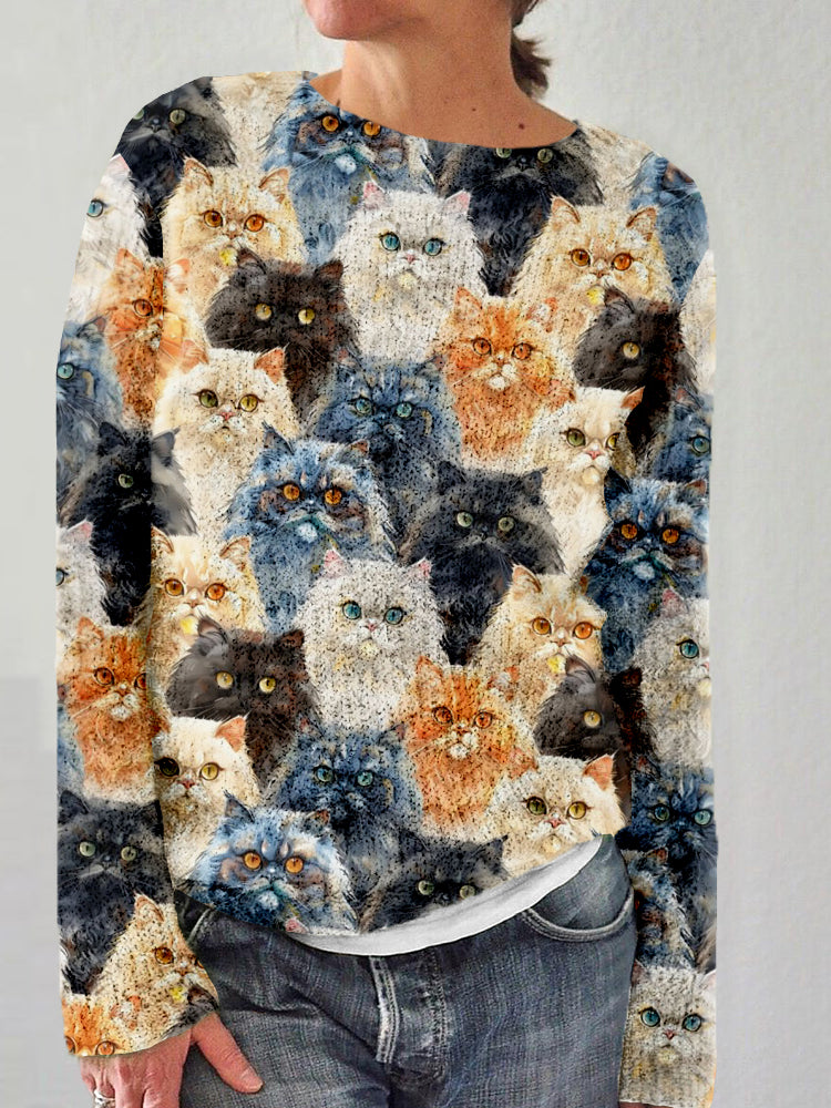 Cute Fluffy Cats Pattern Crew Neck Cozy Sweater elevenforest