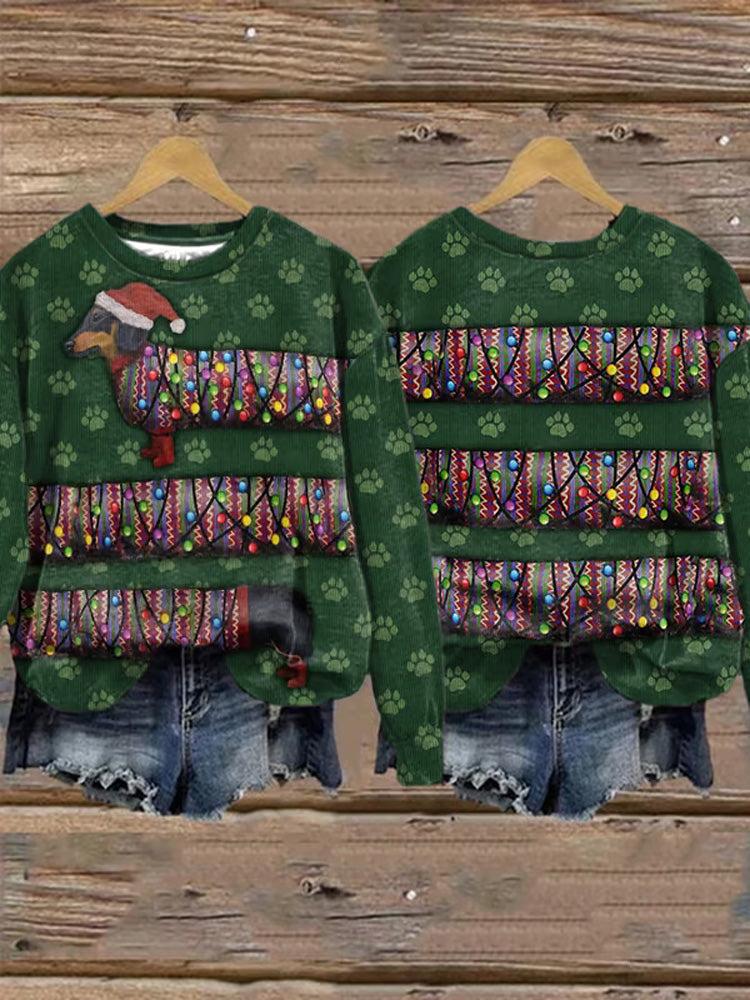 Comstylish Christmas Dachshund Dog Paws String Lights Print Sweatshirt