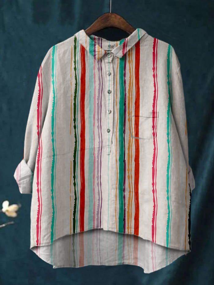 Women's Colorful Striped Printed Linen Cotton Casual Shirt