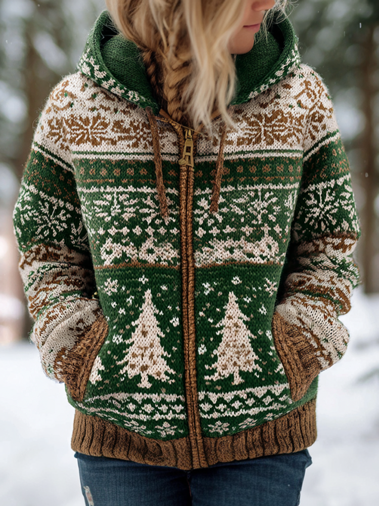 Comstylish Retro Christmas Women's Autumn And Winter Hooded Knit Sweater Coat