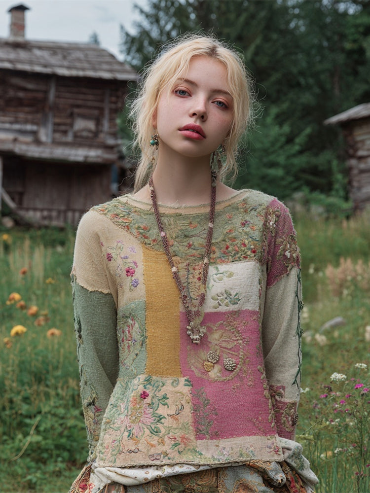 Vintage Boho Floral Patchwork Art Women's Knit Crew Neck Sweater artswardrobe