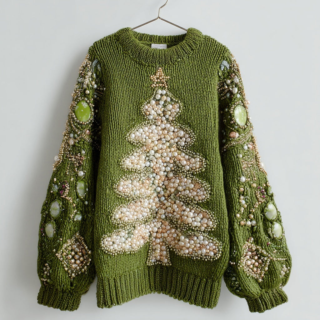 Vintage Christmas Tree Beaded Cozy Knit Sweater artswardrobe