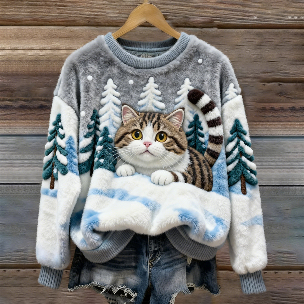 Comstylish Christmas Cat & Tree Women’s Flannel Sweater