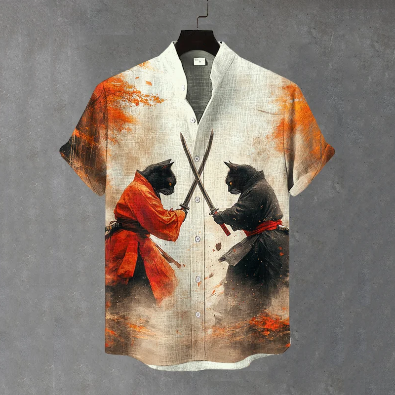 Men's Black Cat Warriors Duel Art Casual Short Sleeve Shirts elevenforest