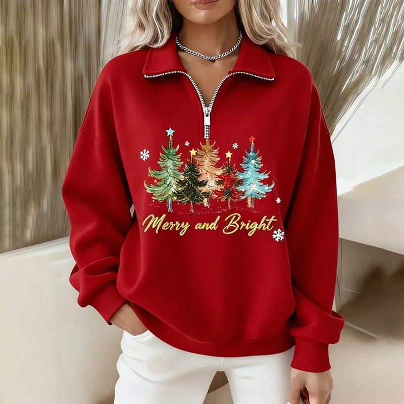 Comstylish Women's Christmas Tree Print Round Neck Long Sleeve Zipper Sweatshirt