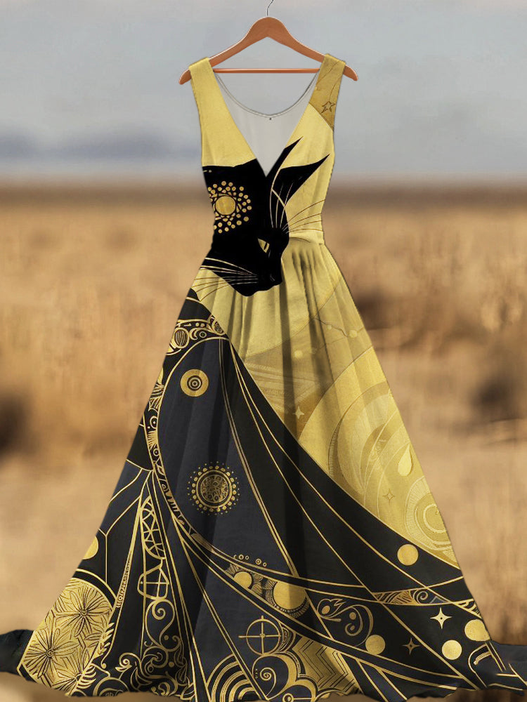 Egyptian Cat Print Women's V-neck Linen Maxi Dress