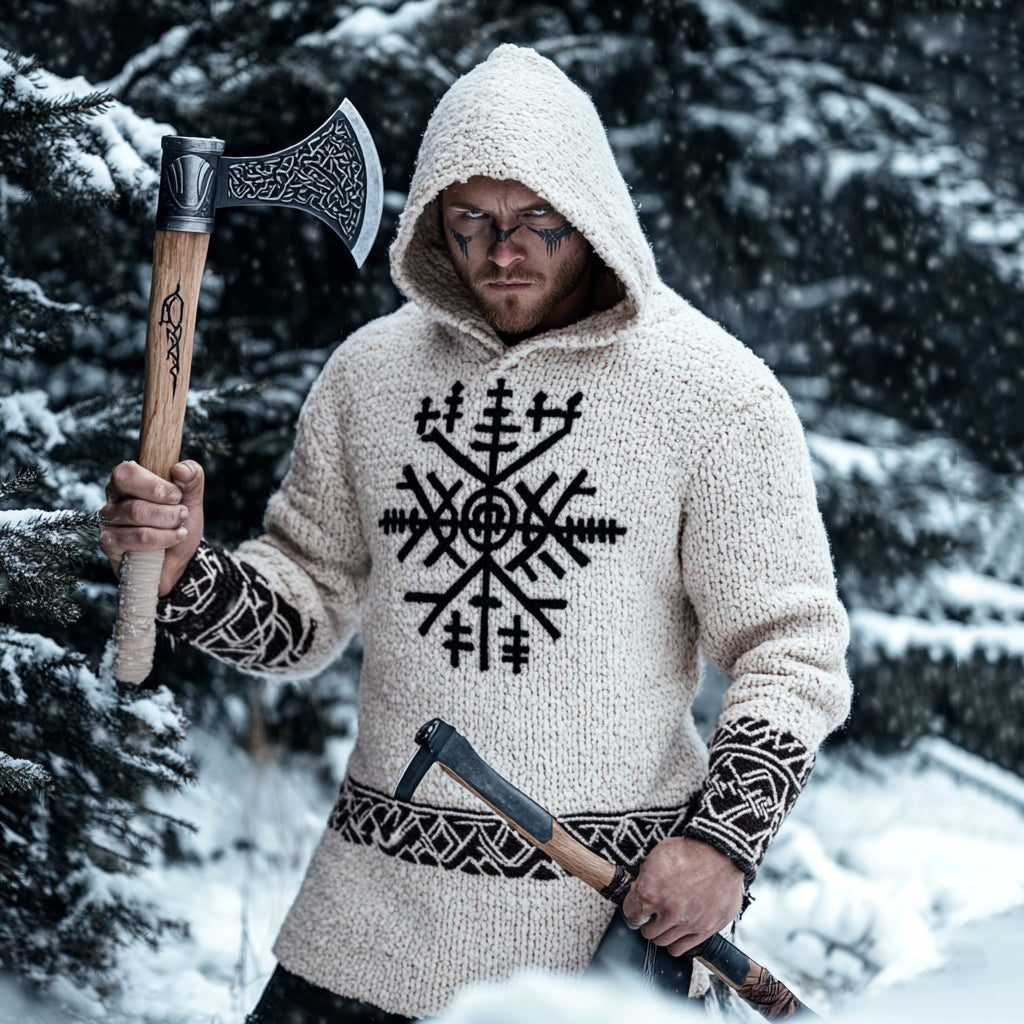 Men's Viking Runes Inspired Knit Hooded Sweater artswardrobe