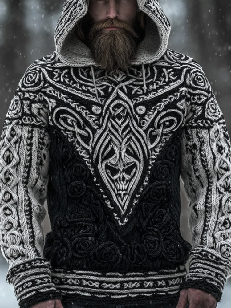 Men's Ethnic Patterned Dark Retro Hooded Knitted Sweater elevenforest
