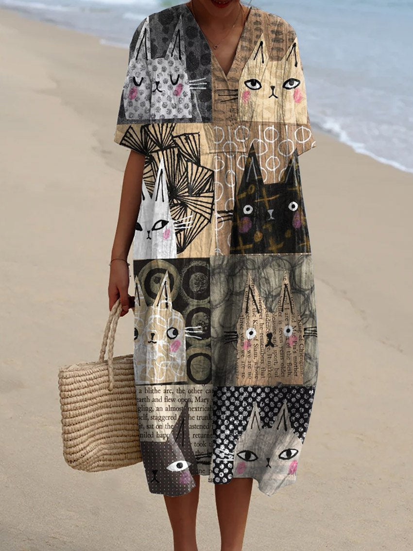 Women's Vintage Lovely Cats Art Print Flowy Dress