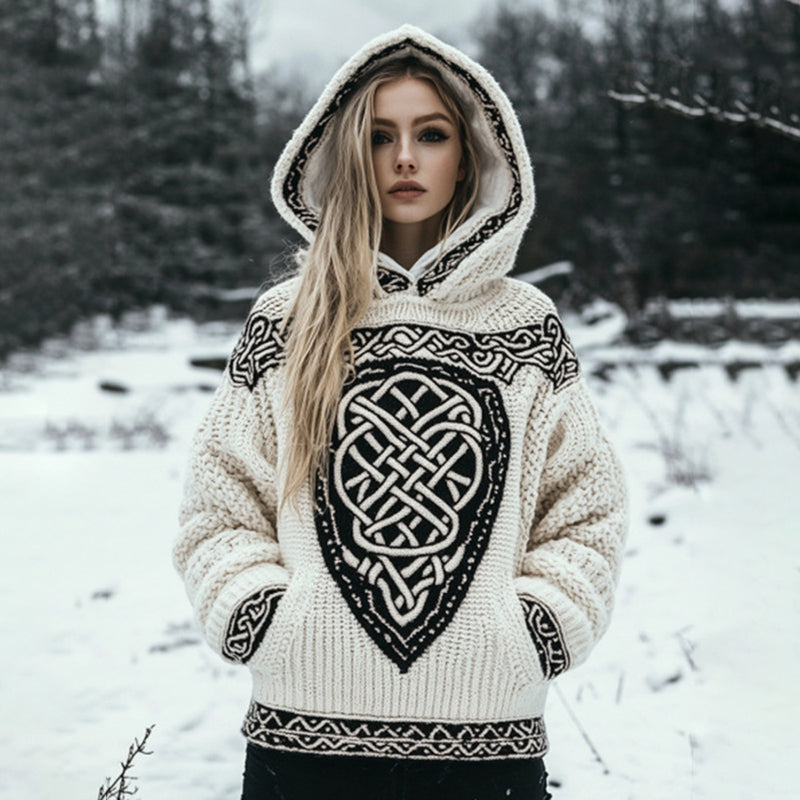 Women's Tribal Knit Jacquard Warm Hooded Sweater artswardrobe