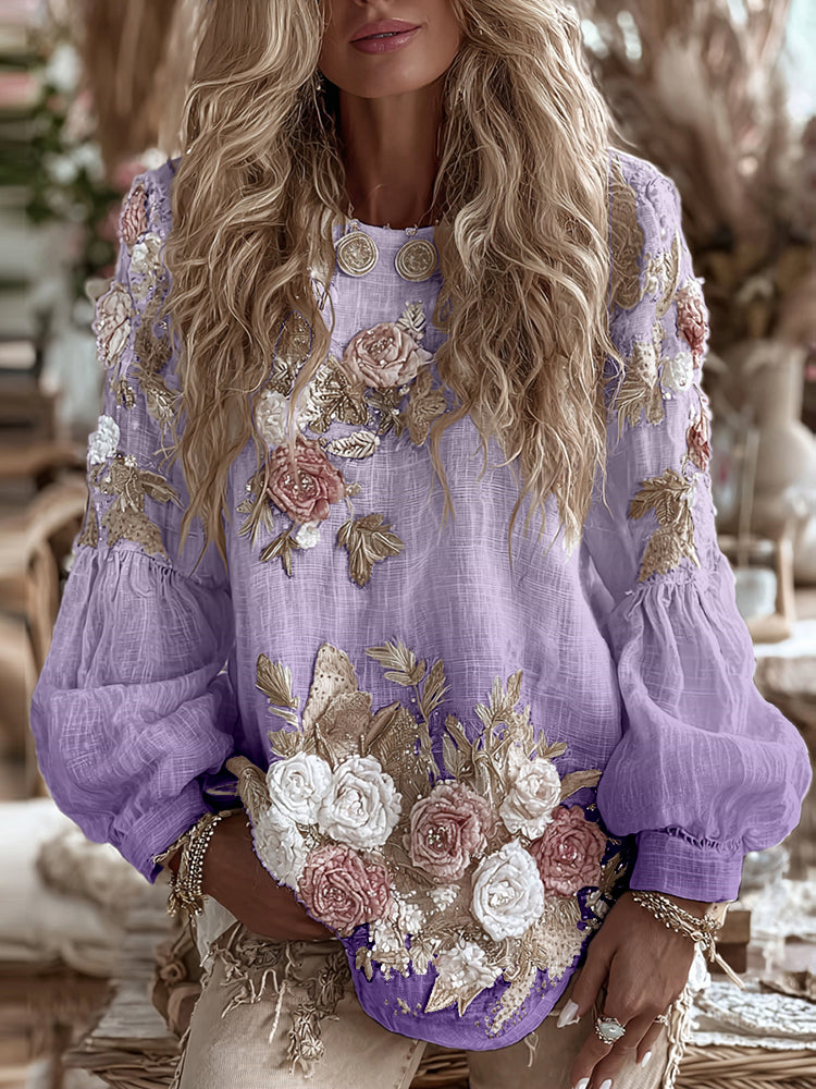 Women's Vintage Romantic White Rose Embroidery Art Comfy Linen Long Sleeve Shirt artswardrobe