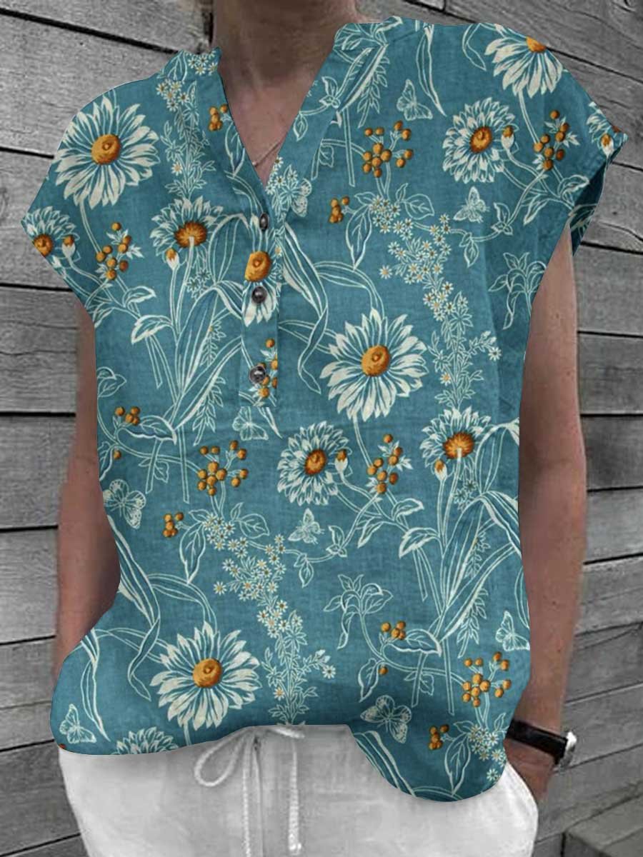 Women's Classic Elegant Floral Pattern Cotton and Linen Top