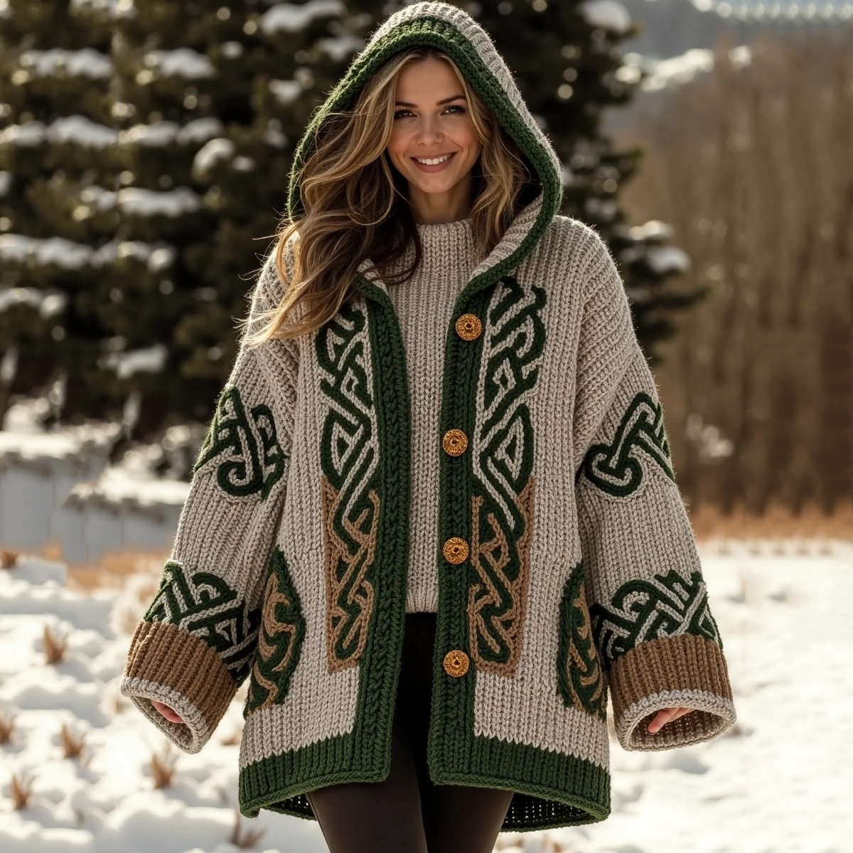 Women's Jacquard Contrast Hooded Aran Sweater Cardigan elevenforest