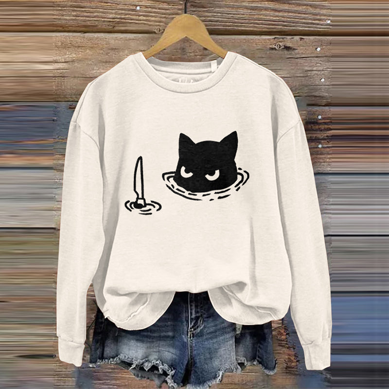 Women's Funny Black Cat Assassin Abstract Art Painting Sweatshirt elevenforest