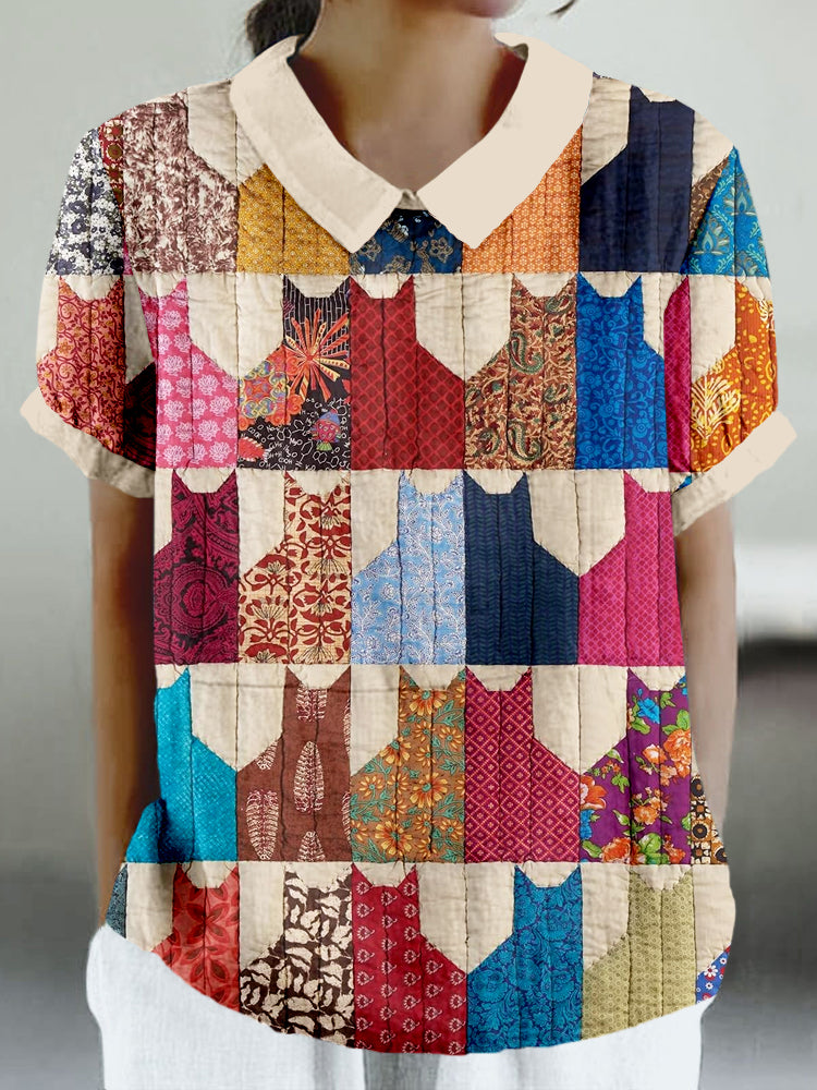 Lovely Cats Patchwork Linen Blend Shirt elevenforest