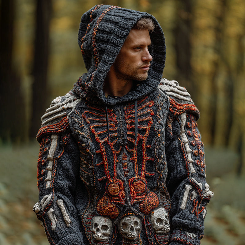 Men's Vintage Skull Art Cozy Knit Hooded Sweater artswardrobe
