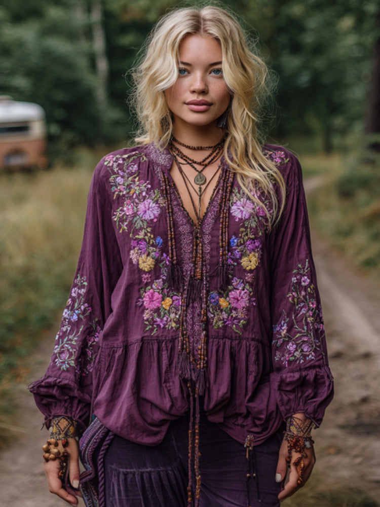 Women's Casual Purple Floral Embroidered Linen Long Sleeve Shirt artswardrobe