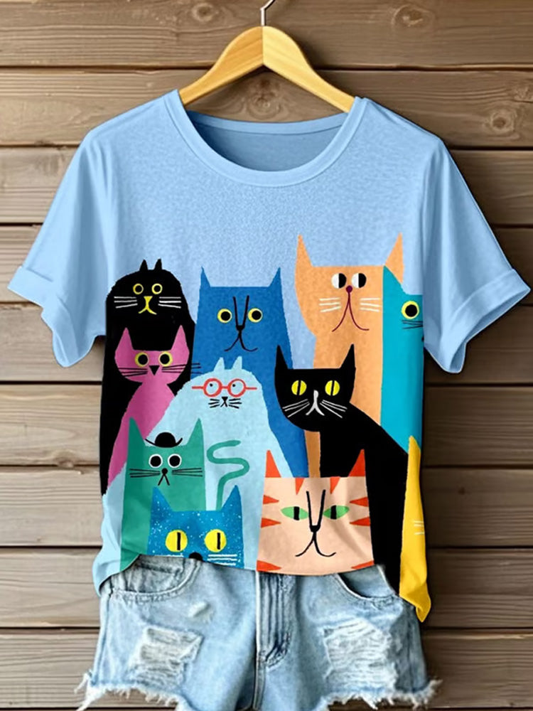 Comstylish Women's Cute Cat Printed Round Neck T-shirt