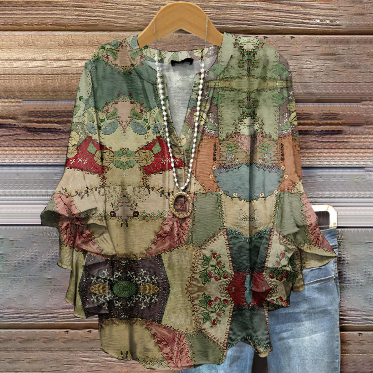 Women's Vintage Patchwork Art Print Casual Cotton And Linen Shirt