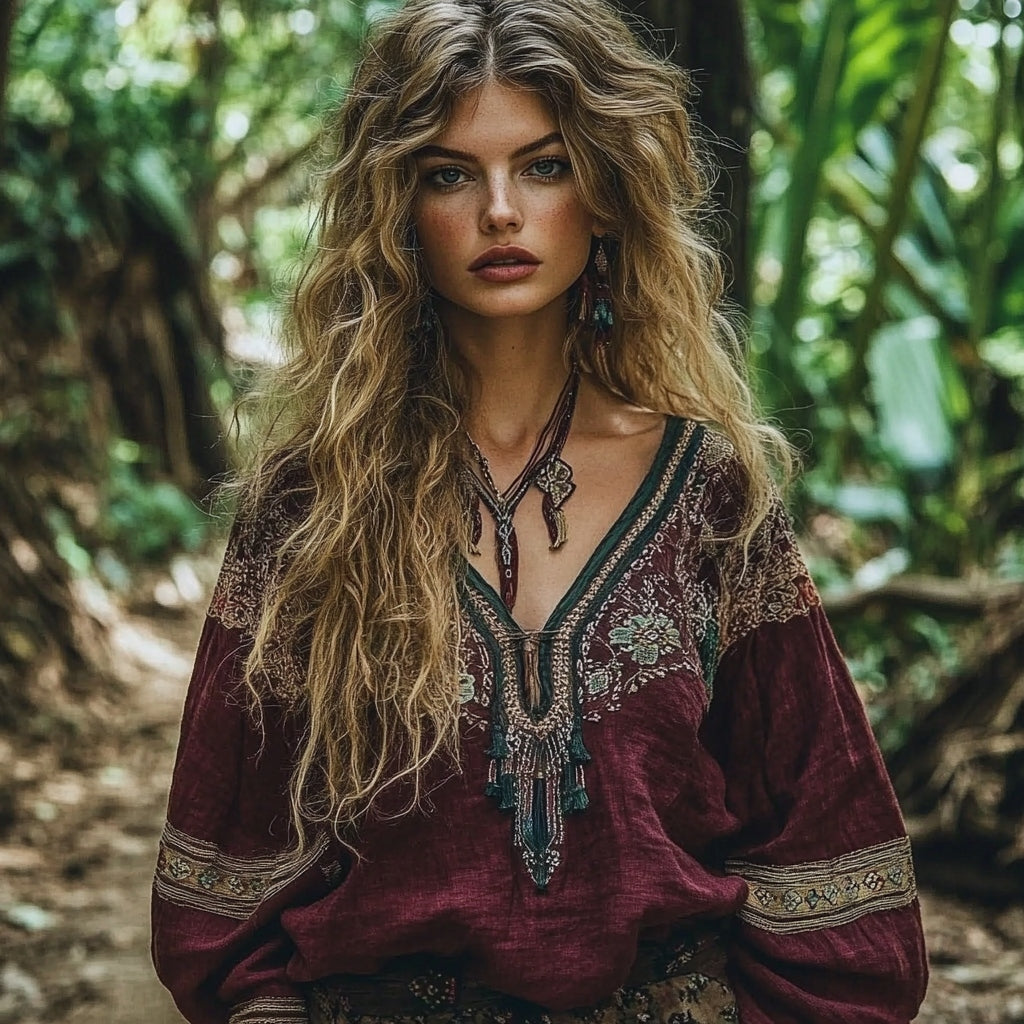 Vintage Embroidered Linen Blend V-neck Loose T-shirt artswardrobe