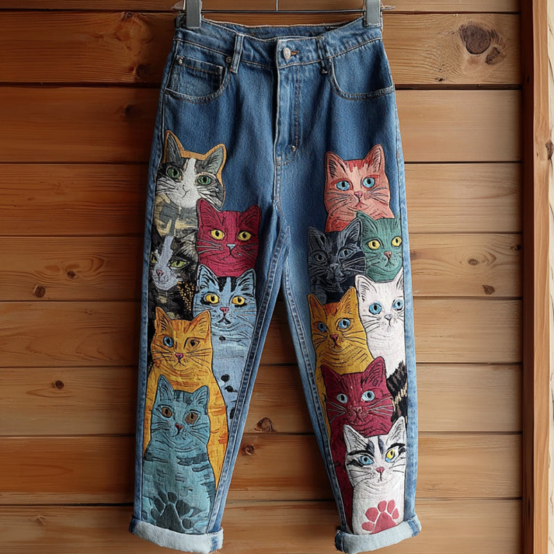 Retro Colored Cat Embroidered Washed Jeans elevenforest
