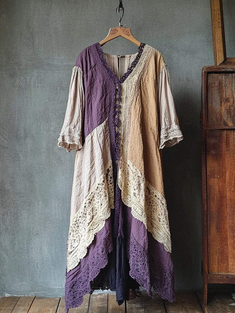 Vintage Lace Patchwork Linen Women's Long Dress artswardrobe