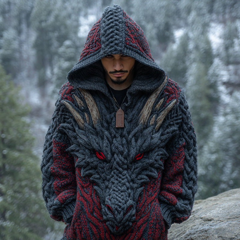 Men's Viking Red Dragon Style Celtic Thick Hooded Sweater artswardrobe