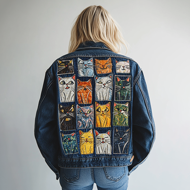 Women's Pop Art Cat Expression Design Denim Jacket elevenforest