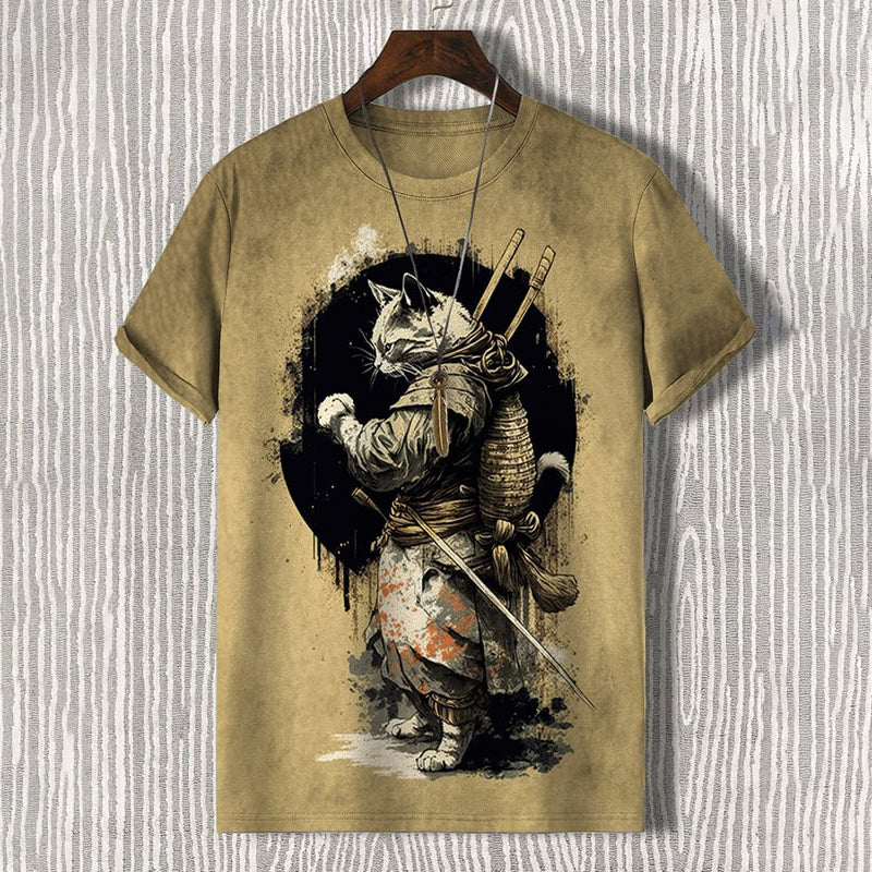 Men's Retro Handsome Samurai Cat Art Painting Print Short Sleeve T-Shirt elevenforest