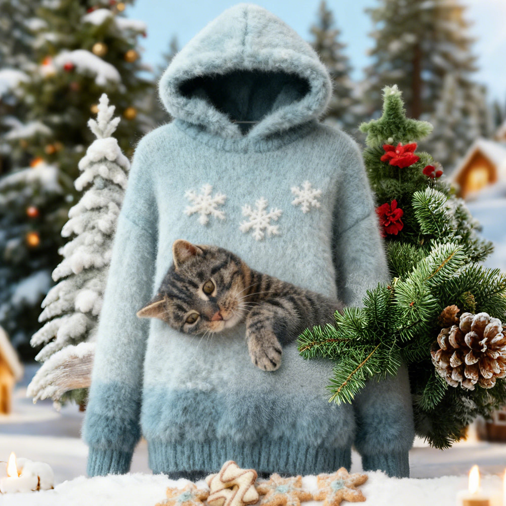 Christmas Cat Felt Art Women's Hooded Plush Sweater