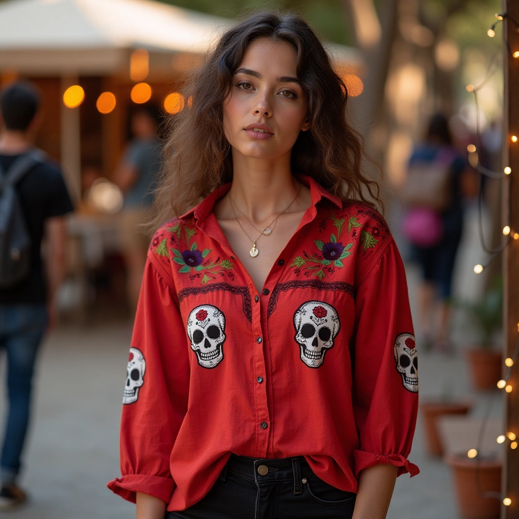 Comstylish Classy Mexican Sugar Dia De Los Muertos Day Of The Dead Inspired Pattern Art Printed Linen Long Sleeve Shirt