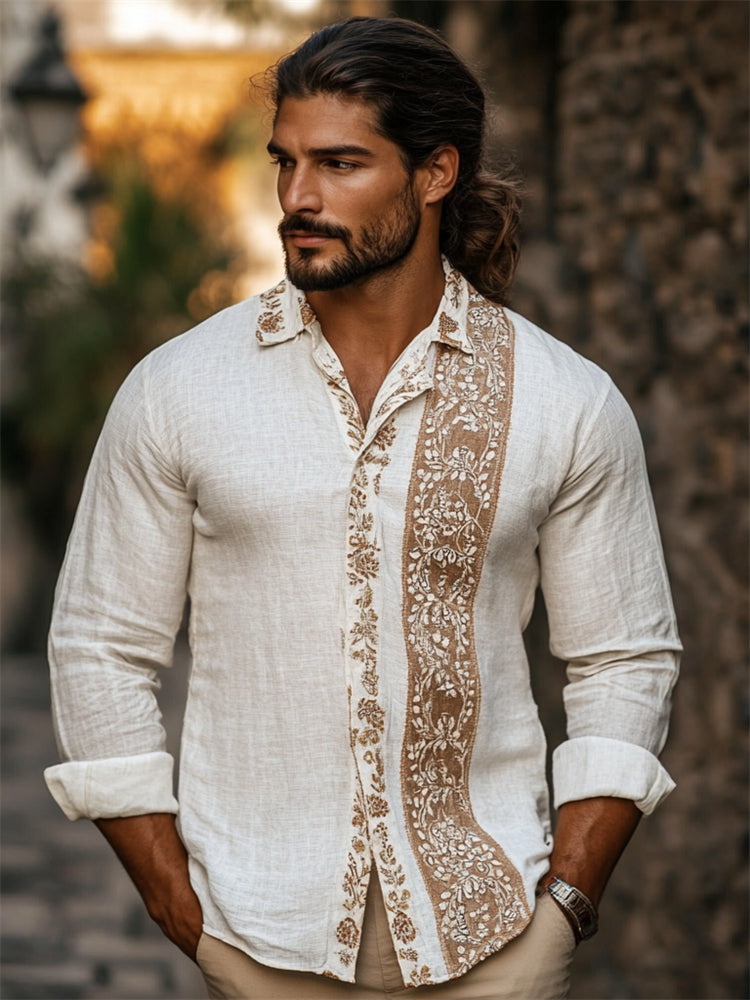 Men's Boho Embroidered Patchwork Linen Shirt artswardrobe