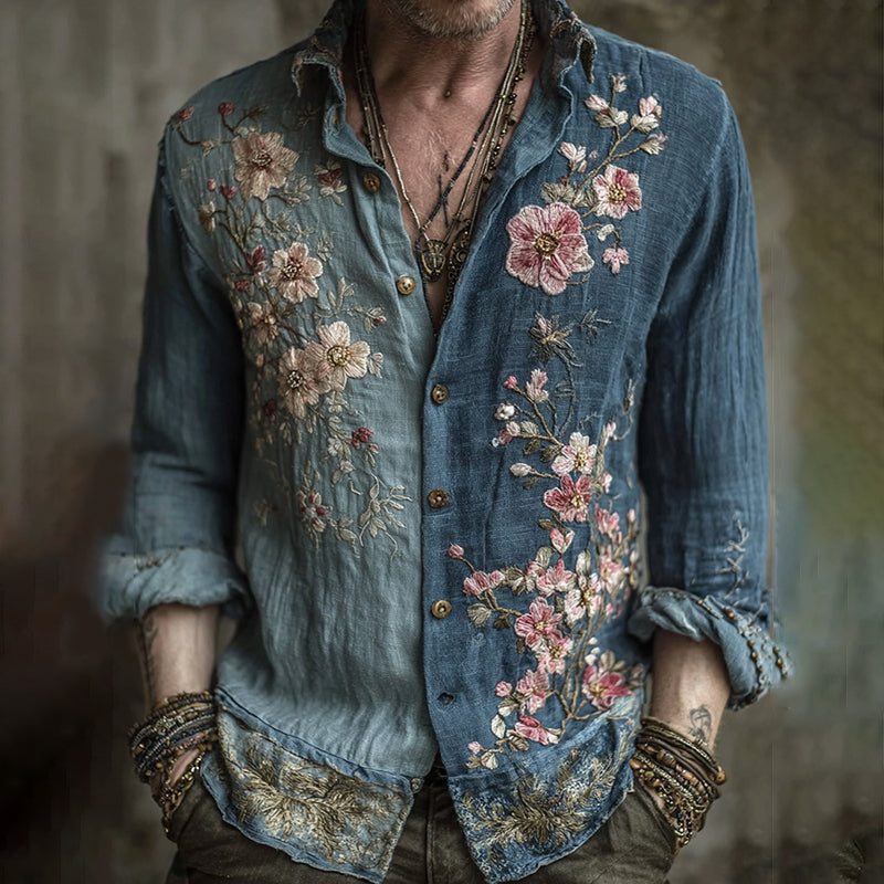 Men's Vintage Japanese Sakura Embroidered Art Long Sleeve Linen Shirt artswardrobe