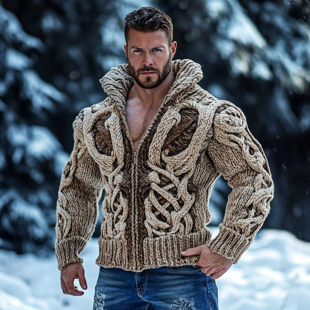 Retro Viking Dragon Bone Inspired Jacquard Chunky Knit Zipper-up Cardigan elevenforest